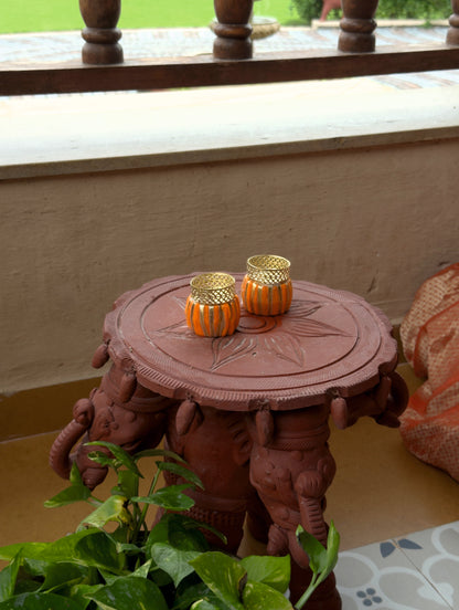 Smaran Drum Inspired Decorative Tealight Holder Pair – Handmade Traditional Festival Candle Holder Set of 2 with Ethnic Drum Design for Diwali, Navratri, Weddings, Pooja Room