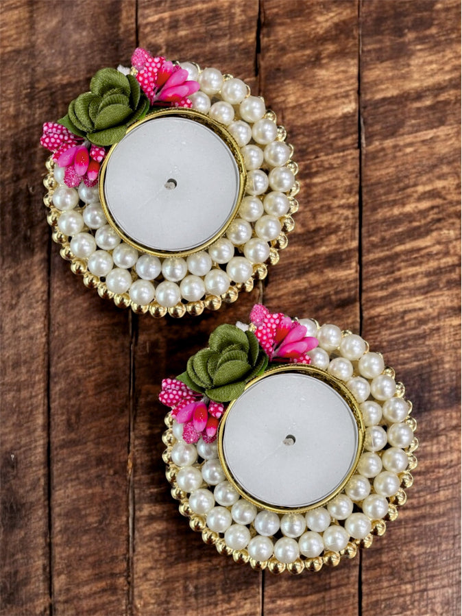 Smaran Handmade Elegant Candle Holder Set of 2 for Festivals, Weddings, Pooja Room & Home Décor, Traditional Indian Decorative Tealight Candle Set (Double Pearl Ring Tealight Holder)