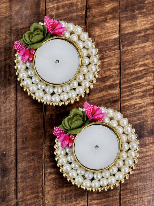 Smaran Handmade Elegant Candle Holder Set of 2 for Festivals, Weddings, Pooja Room & Home Décor, Traditional Indian Decorative Tealight Candle Set (Double Pearl Ring Tealight Holder)