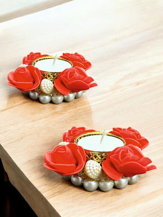 Smaran Handmade Elegant Candle Holder Set of 2 for Festivals, Weddings, Pooja Room & Home Décor, Traditional Indian Decorative Tealight Candle Set (4-Rose Pearl Tealight Holder)