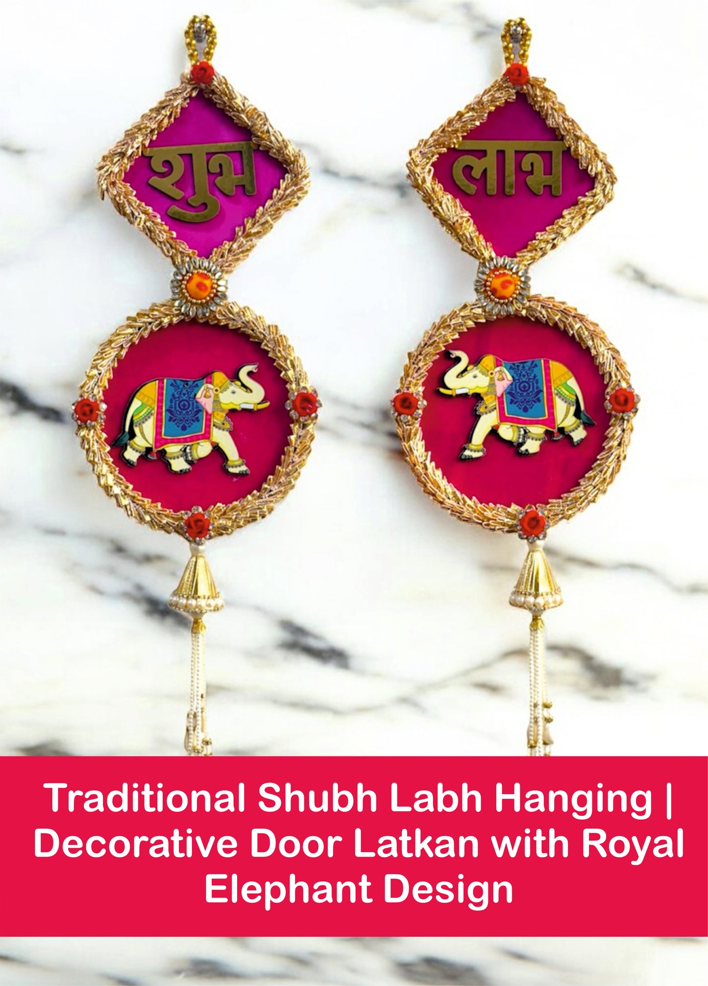 Smaran Handmade Peony Rose & Beaded Floral Latkan – Artificial Flower Tassel for Mandir Decoration, Festive Door Hanging, Wedding Backdrop, Home Temple Decore (Square Shubh Labh Hanging)