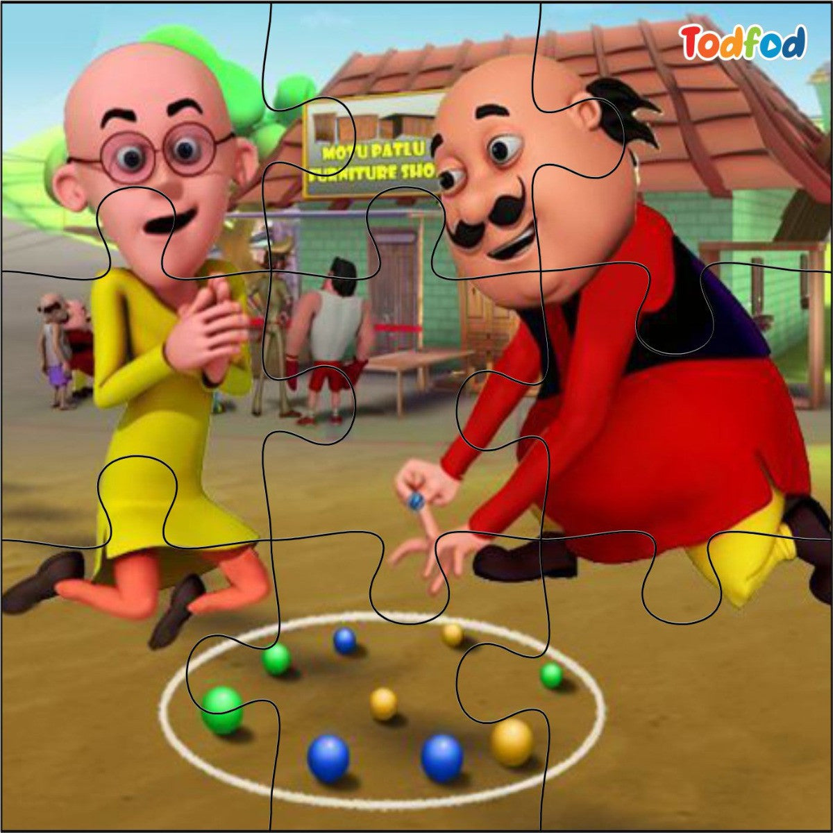 Cartoon characters playing a game with colorful balls on a beach, featuring Todfod branding.