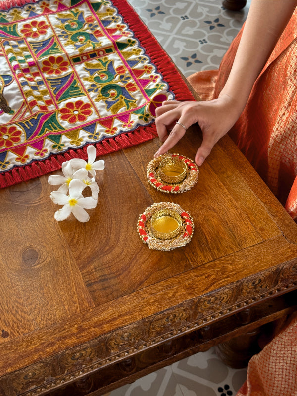 Smaran Red Gota Patti Lace Tealight Holder Set of 2 – Handmade Decorative Candle Holder Pair with Traditional Gota Patti Embellishments for Diwali, Navratri, Weddings, Pooja Room
