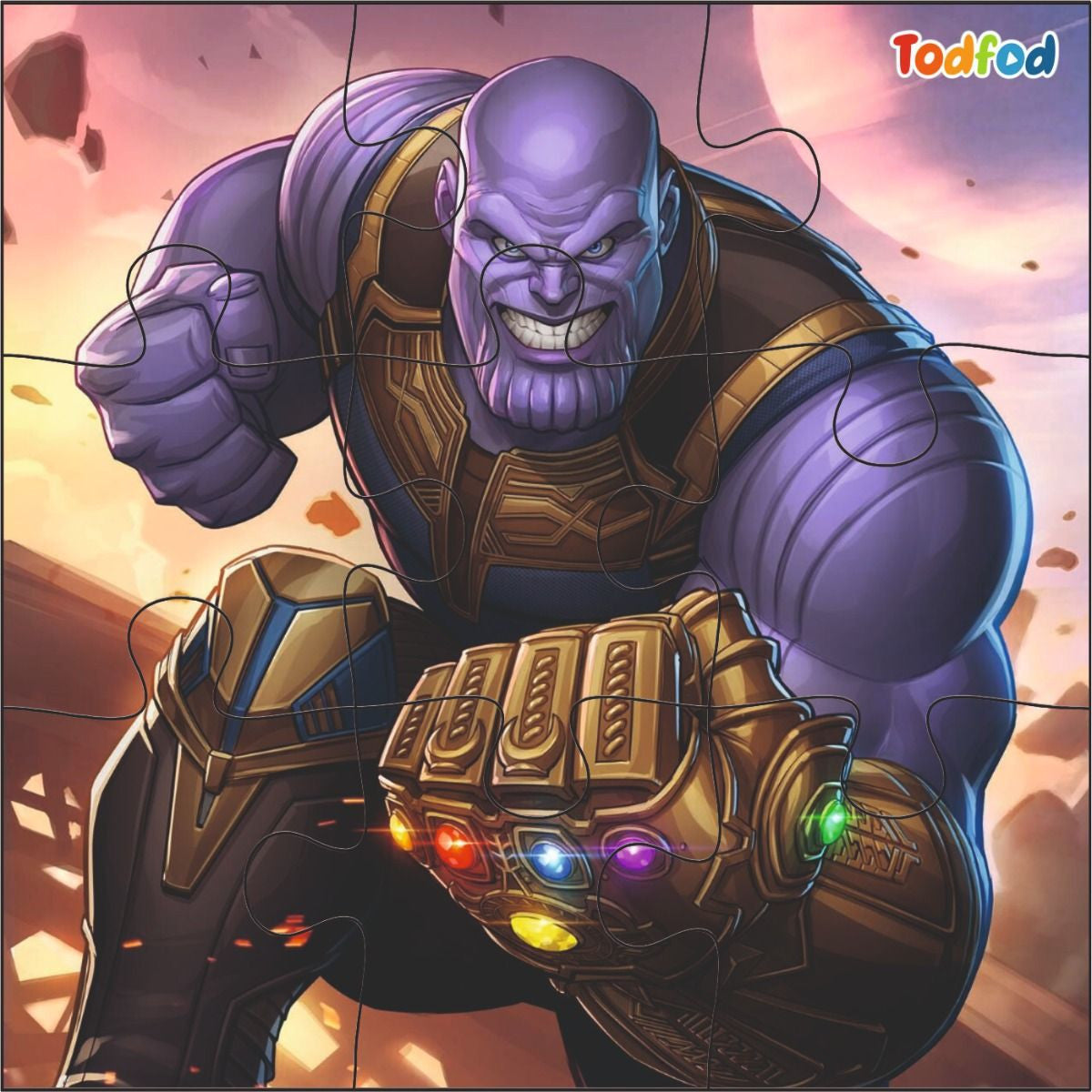 Illustration of a character with a gauntlet featuring Infinity Stones against a colorful background.