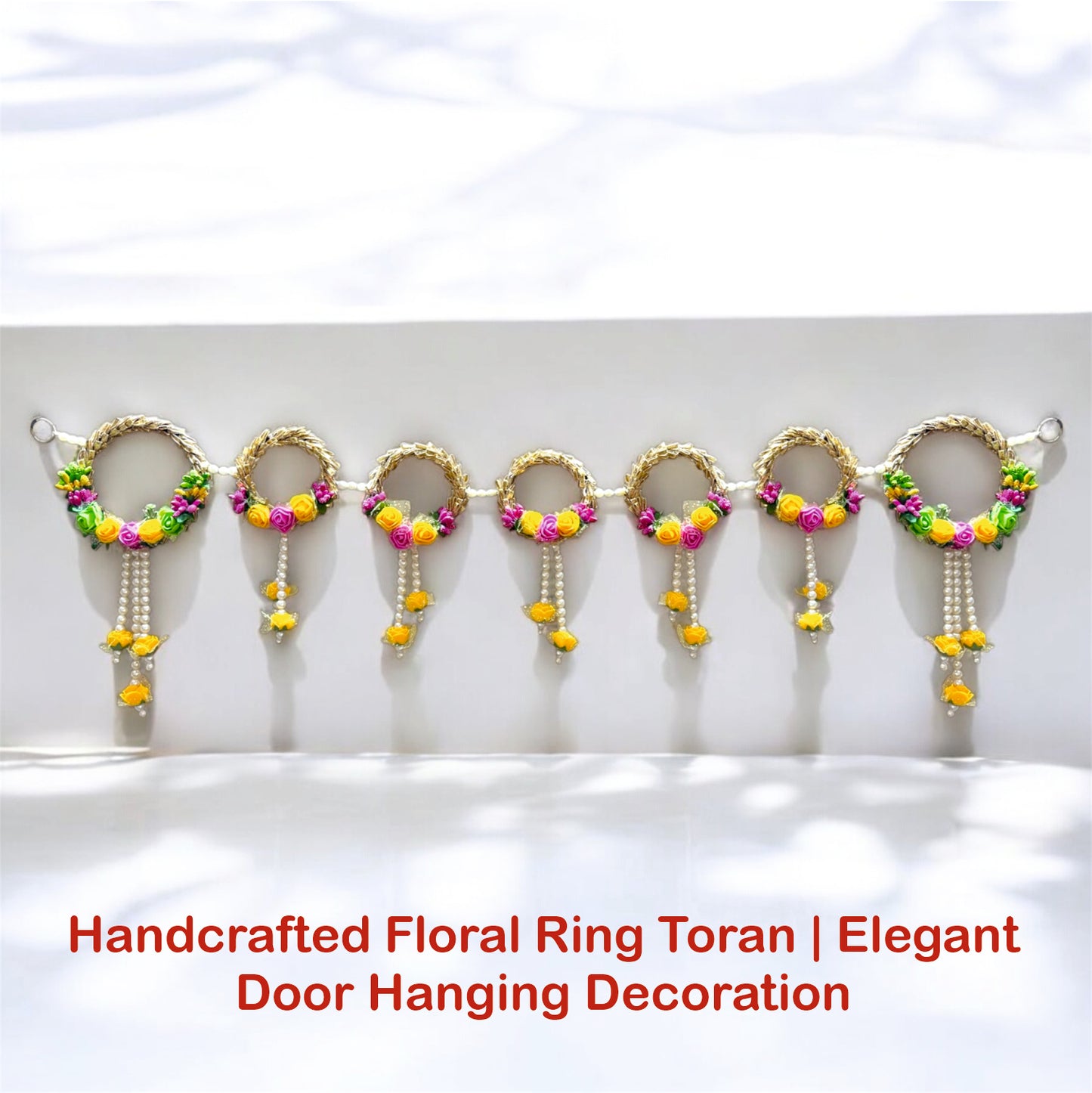 Smaran Floral Ring Toran with Hanging Flowers – Elegant Decorative Door Hanging with Golden Hoop and Artificial Blooms for Home Temple, Festival, and Wedding Decor
