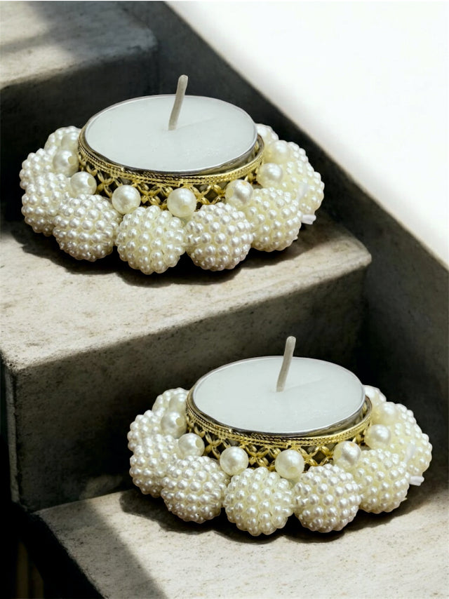 Smaran Large Pearl Tealight Holder Pair – Handmade Elegant Candle Holder Set of 2 for Festivals, Weddings, Pooja Room & Home Décor, Traditional Indian Decorative Tealight Candle Set