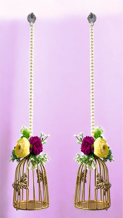 Smaran Cultural Hanging Cage Latkan Pair with Tealight Holders – Handmade Traditional Decorative Hanging with Beads & Embellishments for Home, Main Door, Pooja Room, Mandir