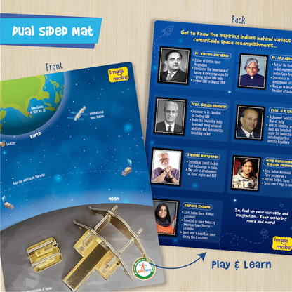 Dual-sided educational mat with space-themed content and images of notable figures on one side.