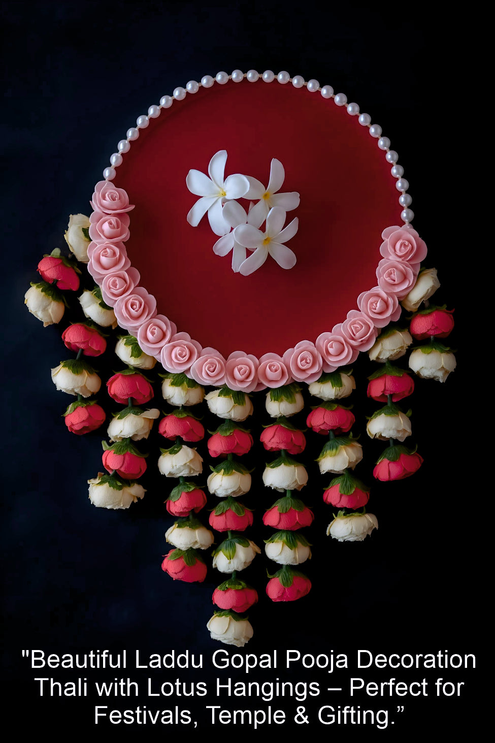 Smaran Cultural Festive Round Pooja Thali – Handmade Red Decorative Platter with Pearl & Rose Embellishments and Hanging Floral Latkan, Traditional Handcrafted Aarti Plate