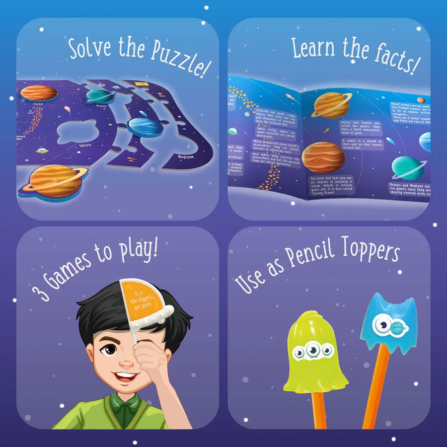 Educational product with puzzle, book, and pencil toppers on a blue background