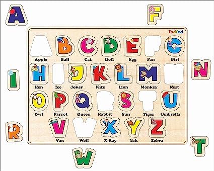 Wooden alphabet puzzle with colorful letters and definitions on a beige background