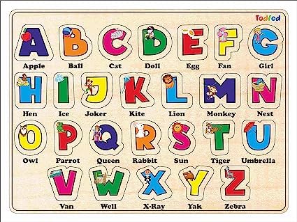 Wooden alphabet puzzle with colorful letters and illustrations on a wooden board.