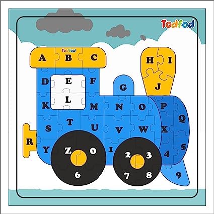 Todfod Shaped Wooden Jigsaw Puzzle Toy for Kids & Children, Vehicle Train Gujarati Consonants Or Alphabet & Learning | Multicolour 36 pcs. (Vehicle Train English)