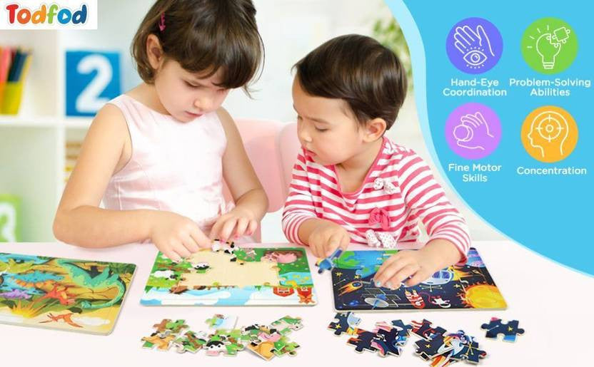 Two children playing with puzzles, surrounded by educational icons and text.