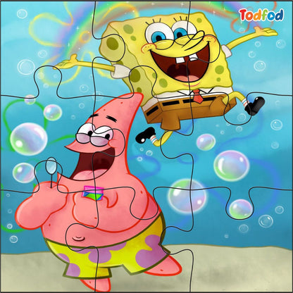 SpongeBob and Patrick Star from 'SpongeBob SquarePants' in a puzzle with a rainbow and bubbles in the background.