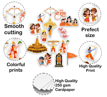 Set of stickers with various designs on a white background, featuring text about quality and features.