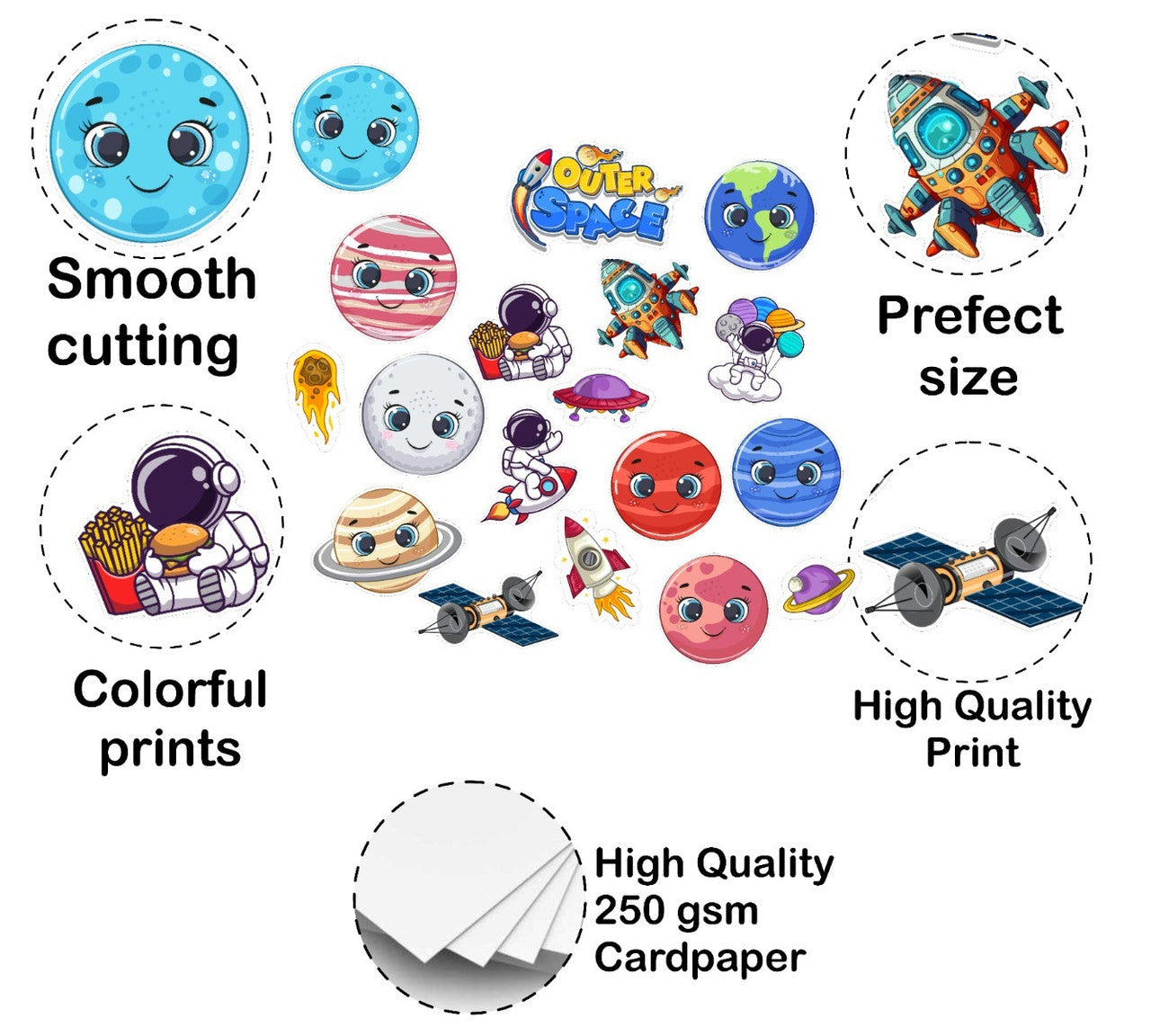 Illustrations of space-themed stickers with text highlighting features like smooth cutting, perfect size, colorful prints, and high-quality cardstock.
