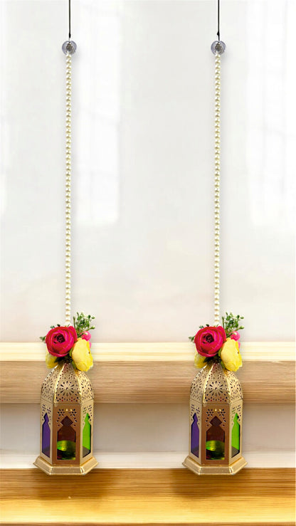 Smaran Cultural Hanging Latkan Pair with Tealight Holders – Handmade Traditional Decorative Hanging with Beads & Embellishments for Home, Main Door, Pooja Room, Mandir