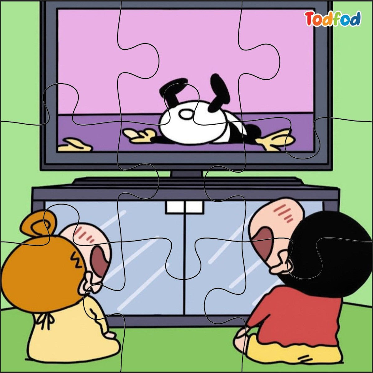 Cartoon characters playing with a puzzle of a panda on a screen.