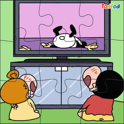Cartoon characters playing with a puzzle of a panda on a screen.