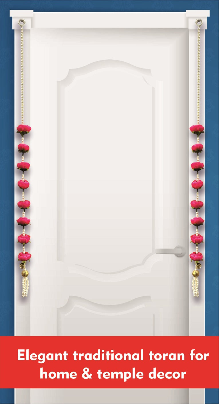 Smaran Pink Peony Rose & Pearl Latkan – Elegant Handmade Artificial Floral Hanging with Beads for Mandir, Door, Pooja Room, Backdrop, Festival & Wedding Decoration