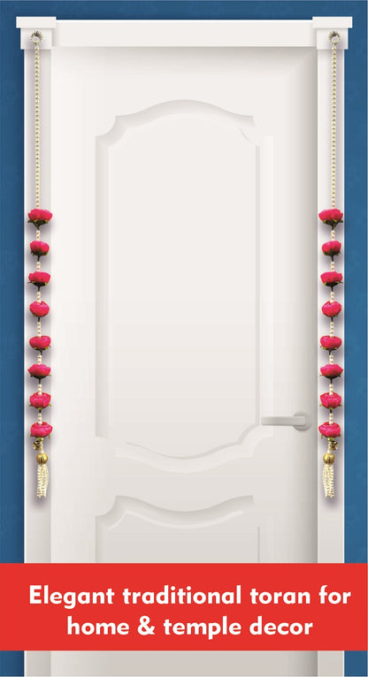 Smaran Pink Peony Rose & Pearl Latkan – Elegant Handmade Artificial Floral Hanging with Beads for Mandir, Door, Pooja Room, Backdrop, Festival & Wedding Decoration
