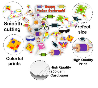 Promotional graphic for 'Happy Makar Sankranti' with various kite designs and text highlighting features.