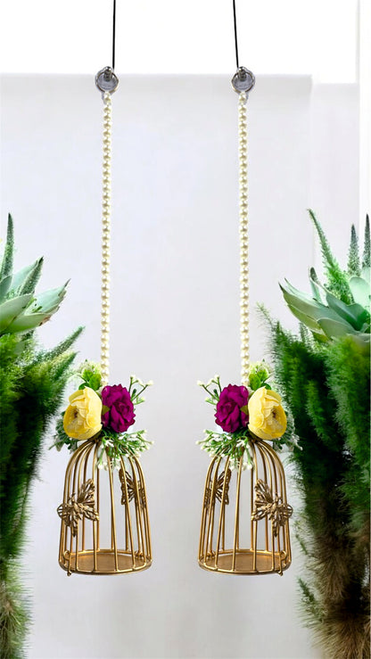 Smaran Cultural Hanging Cage Latkan Pair with Tealight Holders – Handmade Traditional Decorative Hanging with Beads & Embellishments for Home, Main Door, Pooja Room, Mandir
