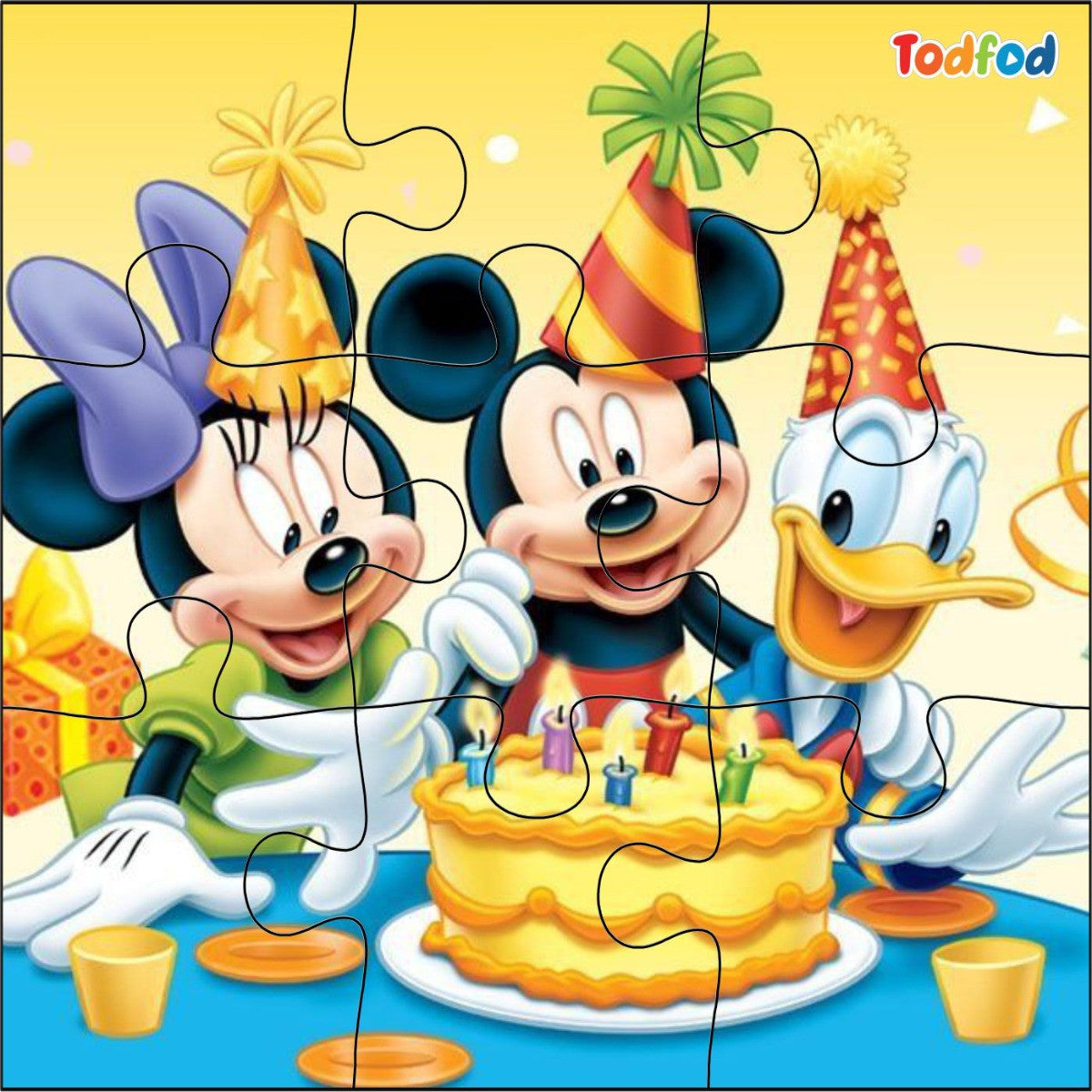 Cartoon characters celebrating a birthday with a cake on a yellow background, featuring the brand 'Todfod'.