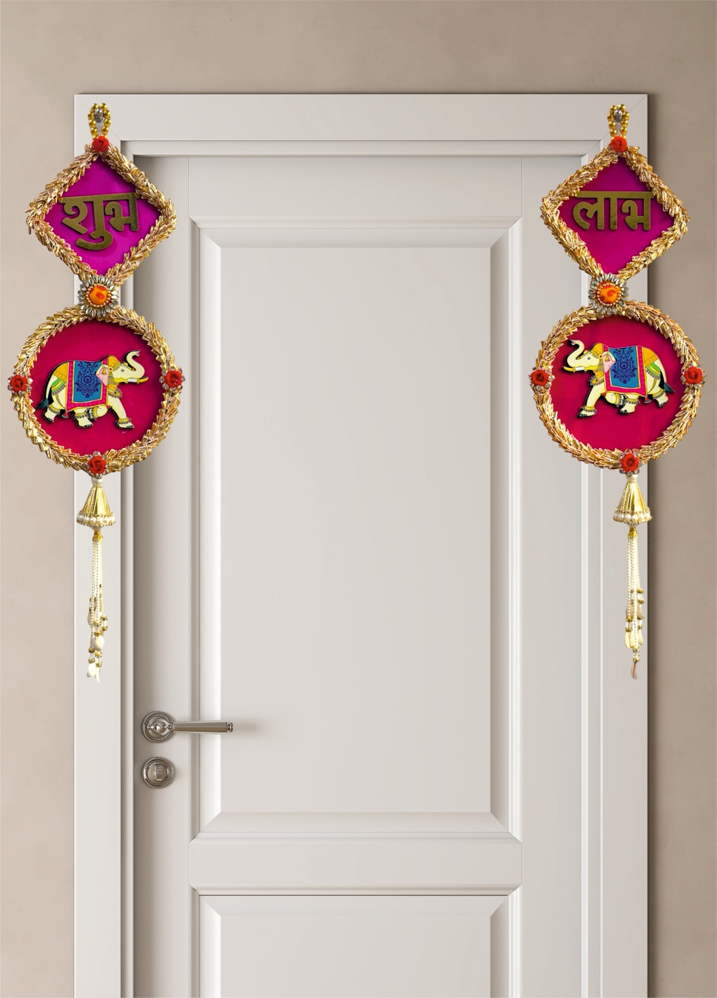 Smaran Handmade Peony Rose & Beaded Floral Latkan – Artificial Flower Tassel for Mandir Decoration, Festive Door Hanging, Wedding Backdrop, Home Temple Decore (Square Shubh Labh Hanging)