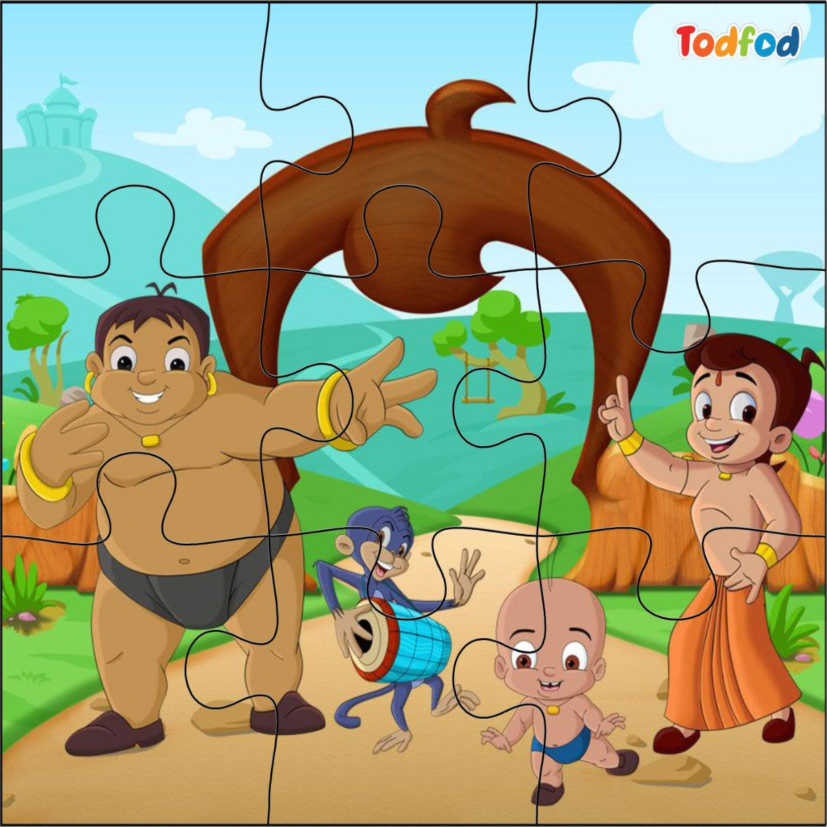 Cartoon characters from a children's show on a puzzle with 'Todfod' branding.