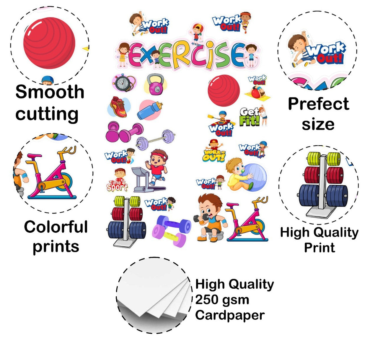 Collection of exercise-themed stickers with various graphics and text on a white background.