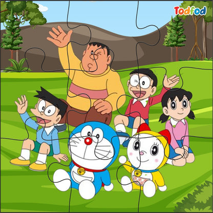 Cartoon characters from a popular animated series on a grassy field with trees in the background.