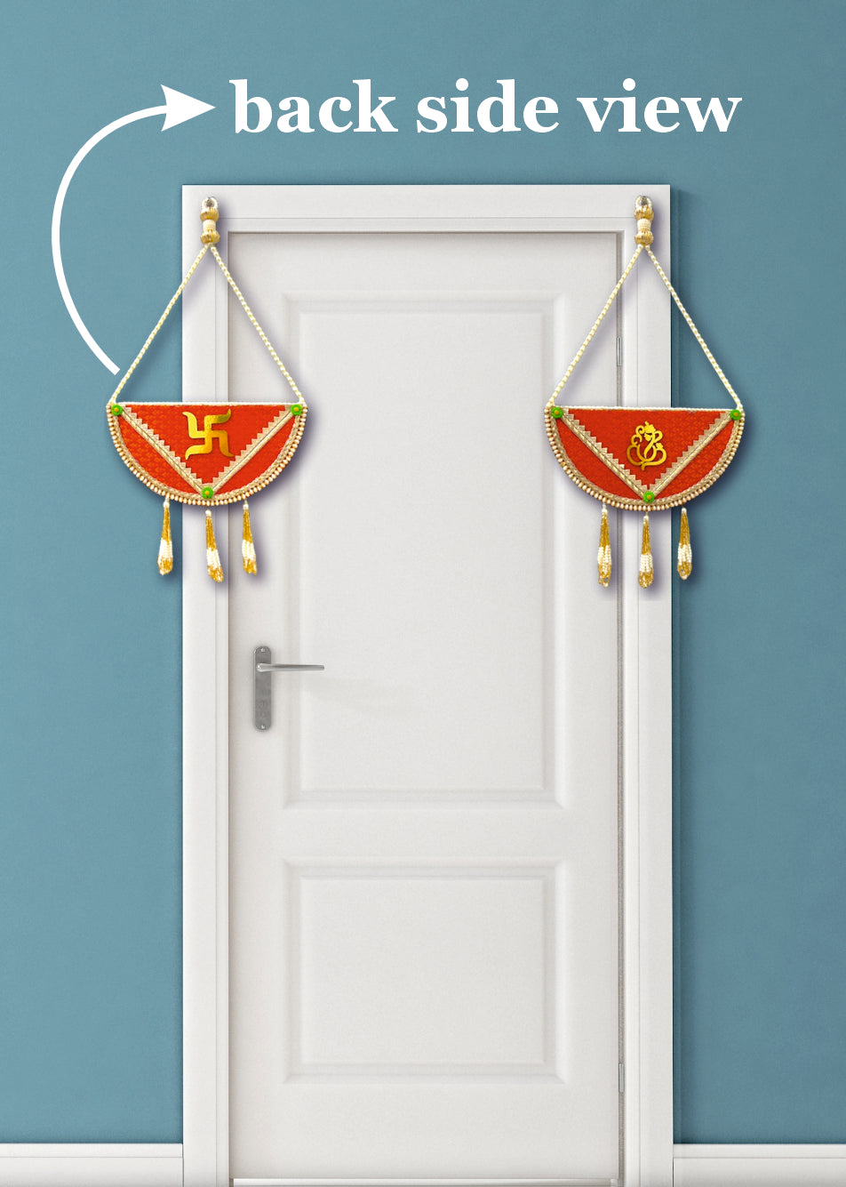 Smaran Half-Moon Shubh Labh Toran with Beads – Handmade Traditional Decorative Hanging with Green & Gold Accents for Main Door, Wall, Pooja Room, Mandir, Festivals, Weddings