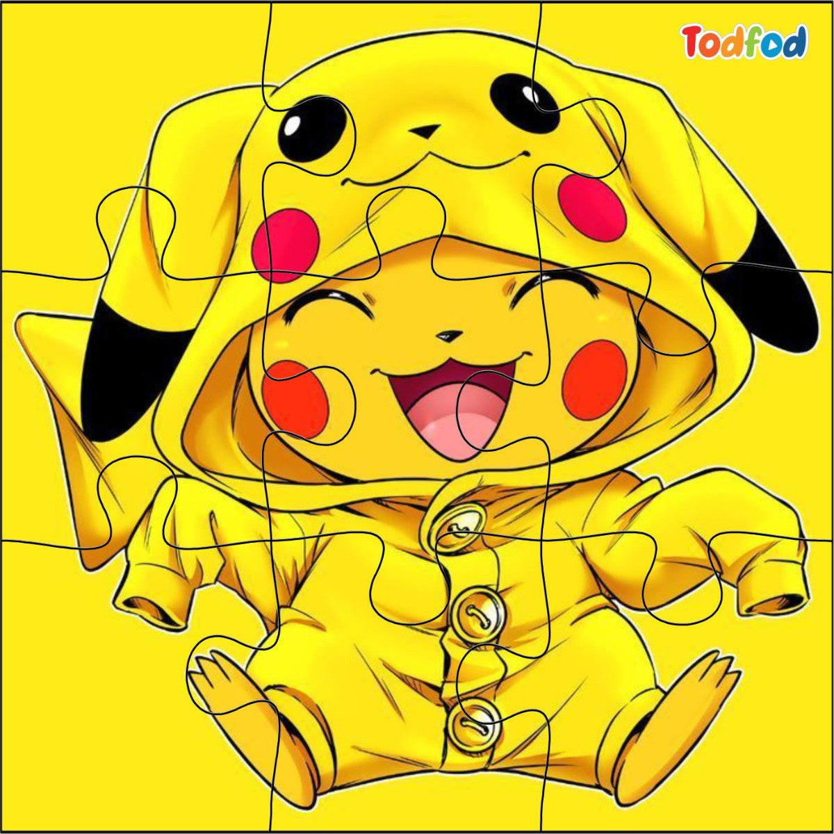 Pikachu in a yellow raincoat with a puzzle piece layout on a yellow background, featuring the Todfod brand.