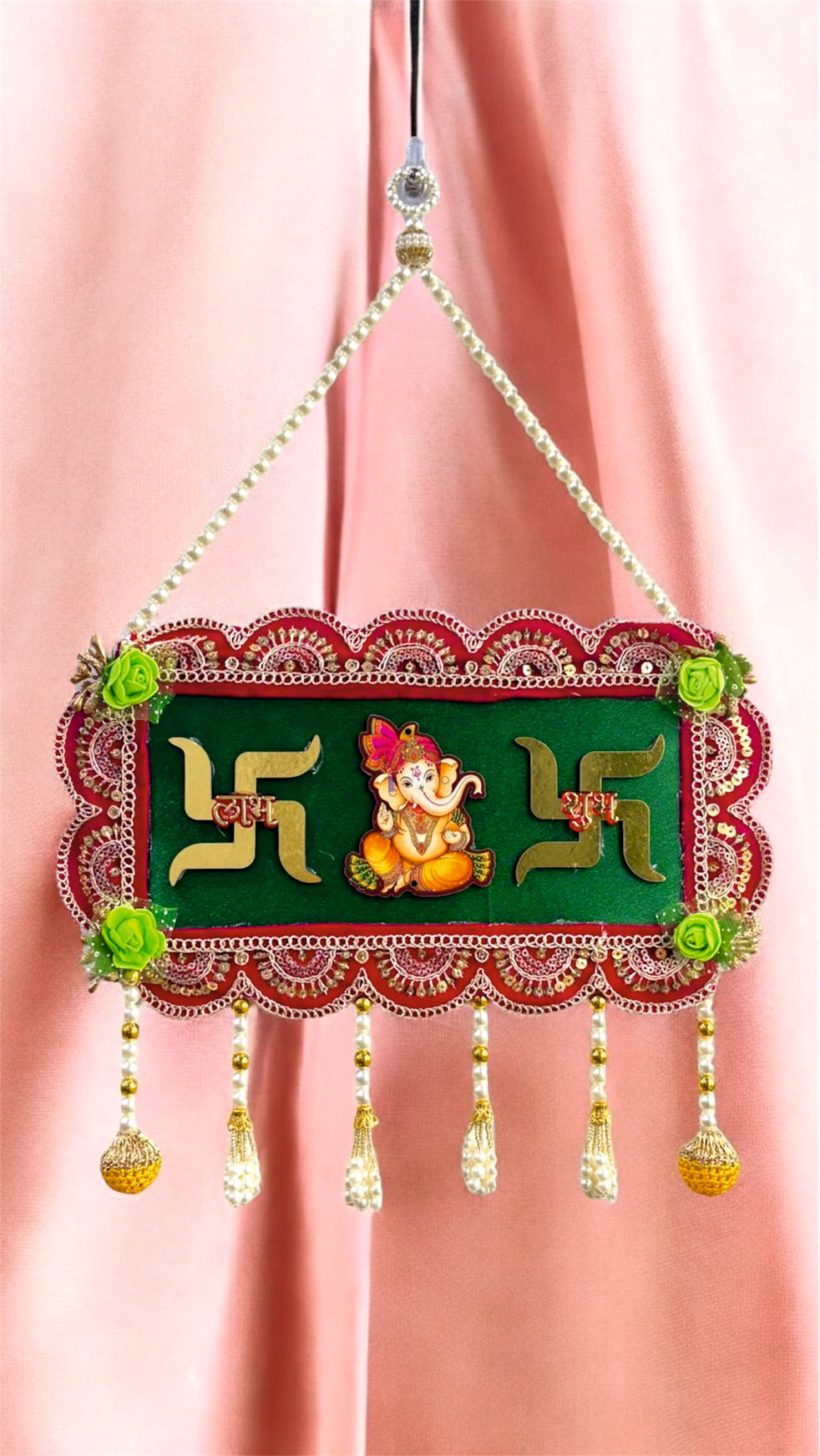 Smaran Cultural Ganesh Swastik Latkan – Handmade Traditional Decorative Hanging with Beads & Embellishments for Main Door, Wall, Pooja Room, Mandir, Festivals, Weddings