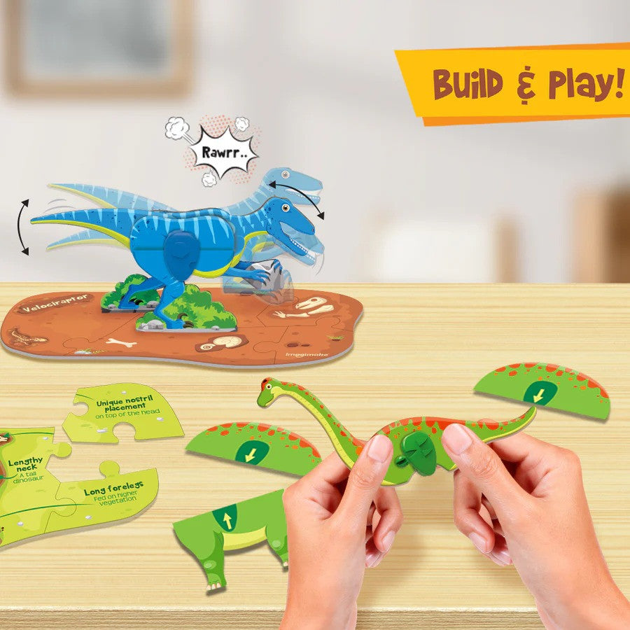 Children building a dinosaur puzzle with pieces on a wooden surface, featuring the brand 'Rawrr'.