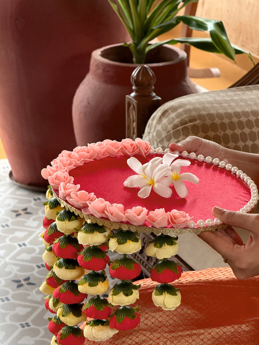 Smaran Cultural Festive Round Pooja Thali – Handmade Red Decorative Platter with Pearl & Rose Embellishments and Hanging Floral Latkan, Traditional Handcrafted Aarti Plate