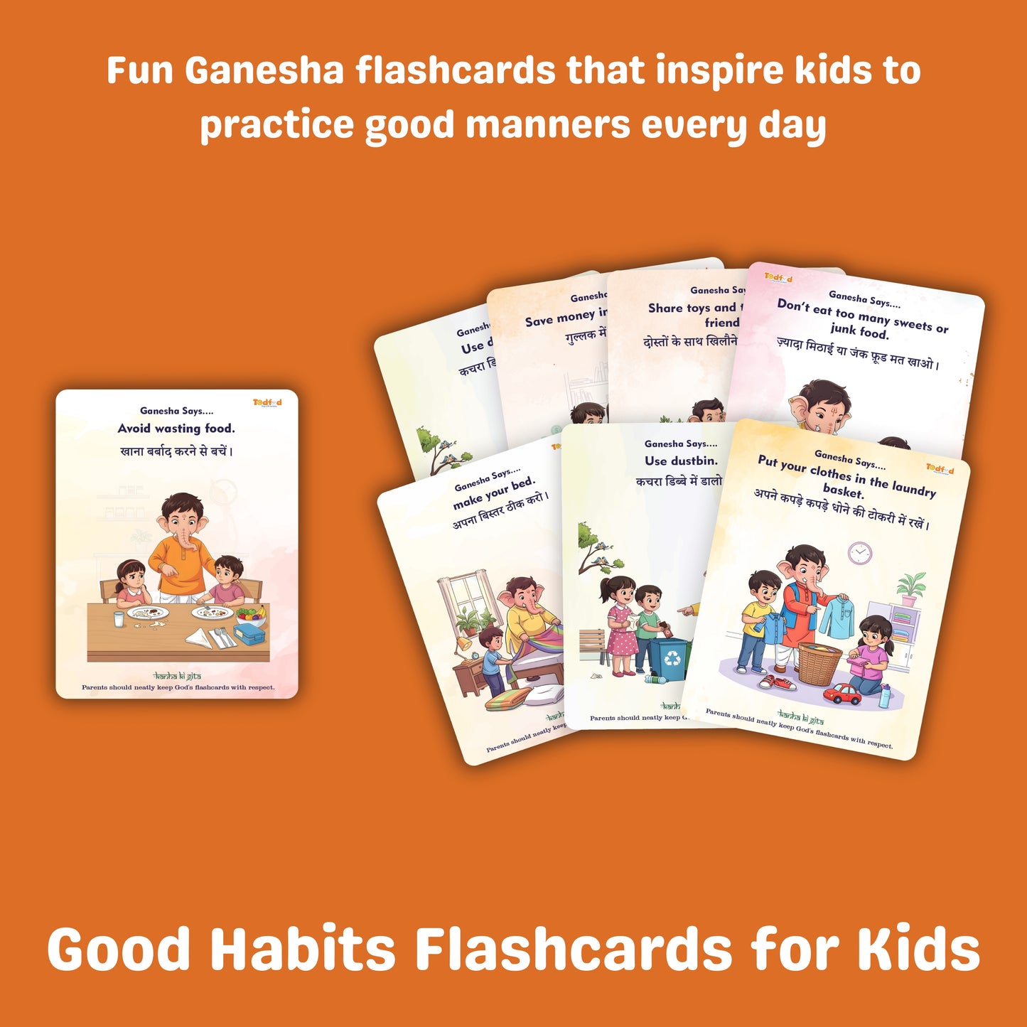 Todfod Good Habit by Ganesha Flash Cards – Moral Values & Positive Habits Learning Cards for Kids – Educational Illustrated Flashcards for Early Childhood Development