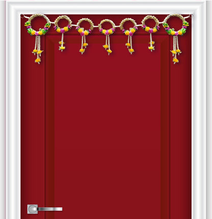 Smaran Floral Ring Toran with Hanging Flowers – Elegant Decorative Door Hanging with Golden Hoop and Artificial Blooms for Home Temple, Festival, and Wedding Decor