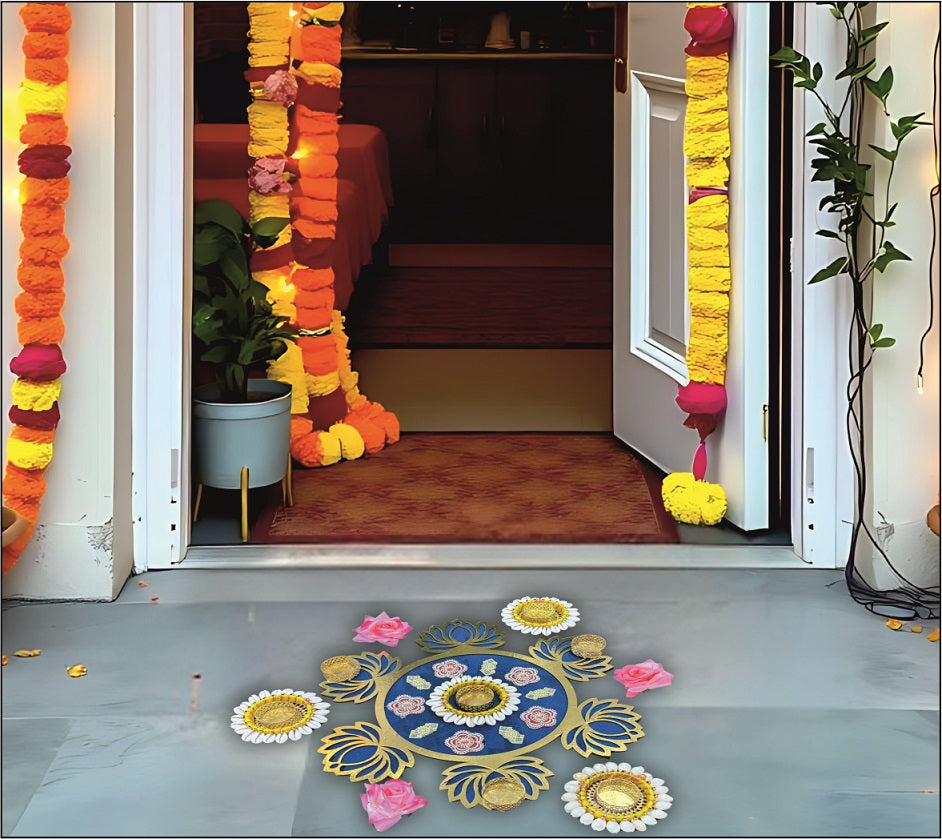 Smaran Handcrafted Blue Lotus Rangoli Set with Cowrie Shell Diya – Traditional Festive Floor Décor for Diwali, Weddings & Pooja Ceremonies (Blue Lotus Rangoli Set)