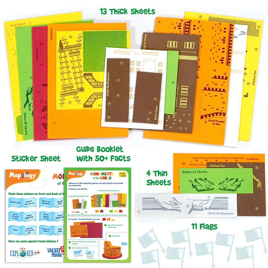 Educational materials including thick sheets, a sticker sheet, a guide booklet, thin sheets, and flags on a white background.
