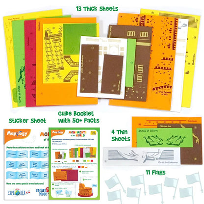 Educational materials including thick sheets, a sticker sheet, a guide booklet, thin sheets, and flags on a white background.
