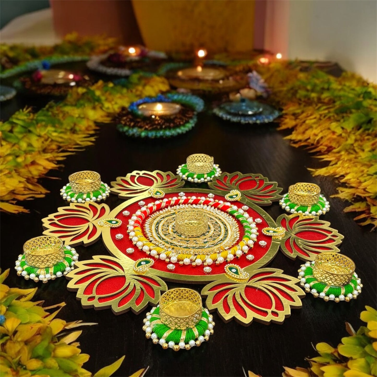 Smaran Red Lotus Diya Rangoli Set with Pearl (Moti) Diya Holders – Festive Floor Decor for Diwali & Mandir-Handmade Festive Decor for Pooja & Diwali