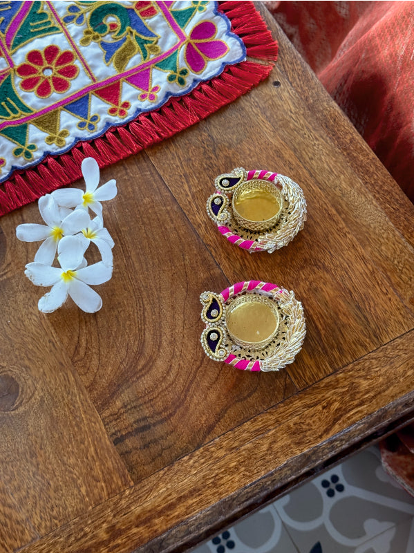 Smaran Handmade Elegant Candle Holder Set of 2 for Festivals, Weddings, Pooja Room & Home Décor, Traditional Indian Decorative Tealight Candle Set (Patch Design Ring Tealight Holder)
