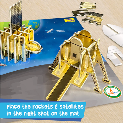 Educational space-themed puzzle with rockets and satellites on a mat