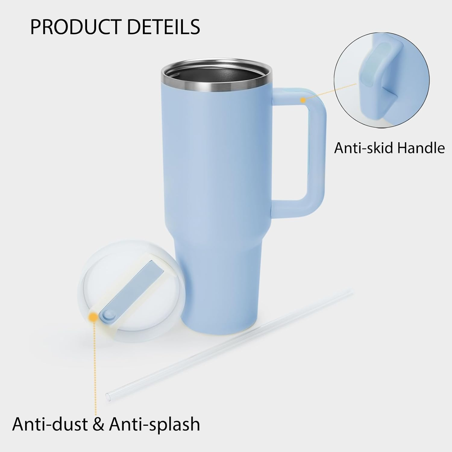 Blue travel mug with handle and lid on a white background