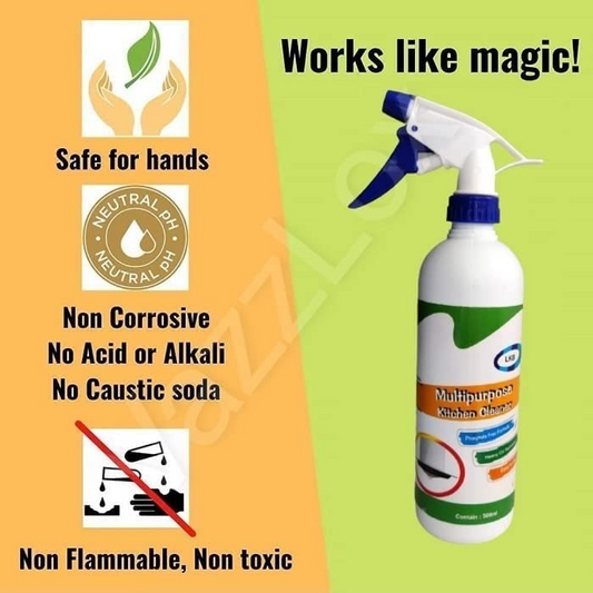 Spray bottle with safety features and product description on a green and orange background