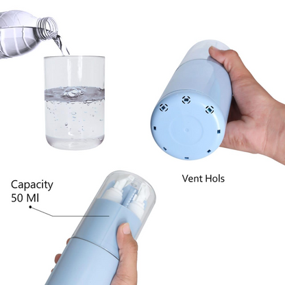 Small blue bottle with vent holes and capacity labeled, being held and poured into a glass.
