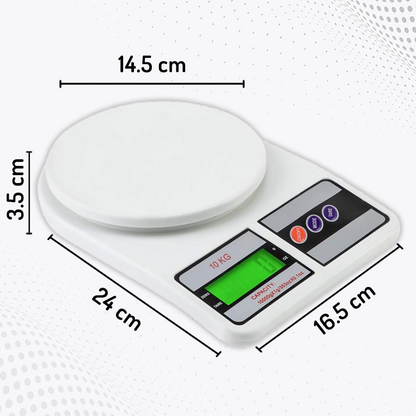 Digital kitchen scale with dimensions labeled on a white background
